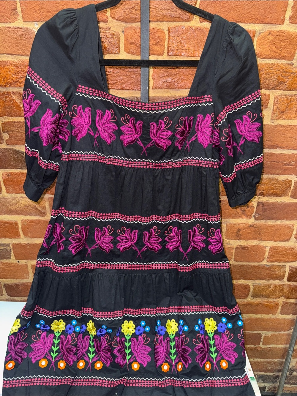 Black Embroidered Floral Tiered Dress with Pink & Multicolor Accents